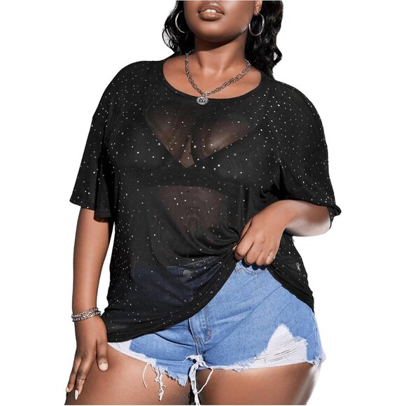 Women's Plus Size Glitter Mesh Tee Short Sleeve See Through Top for Night Out - Picture 5 of 5